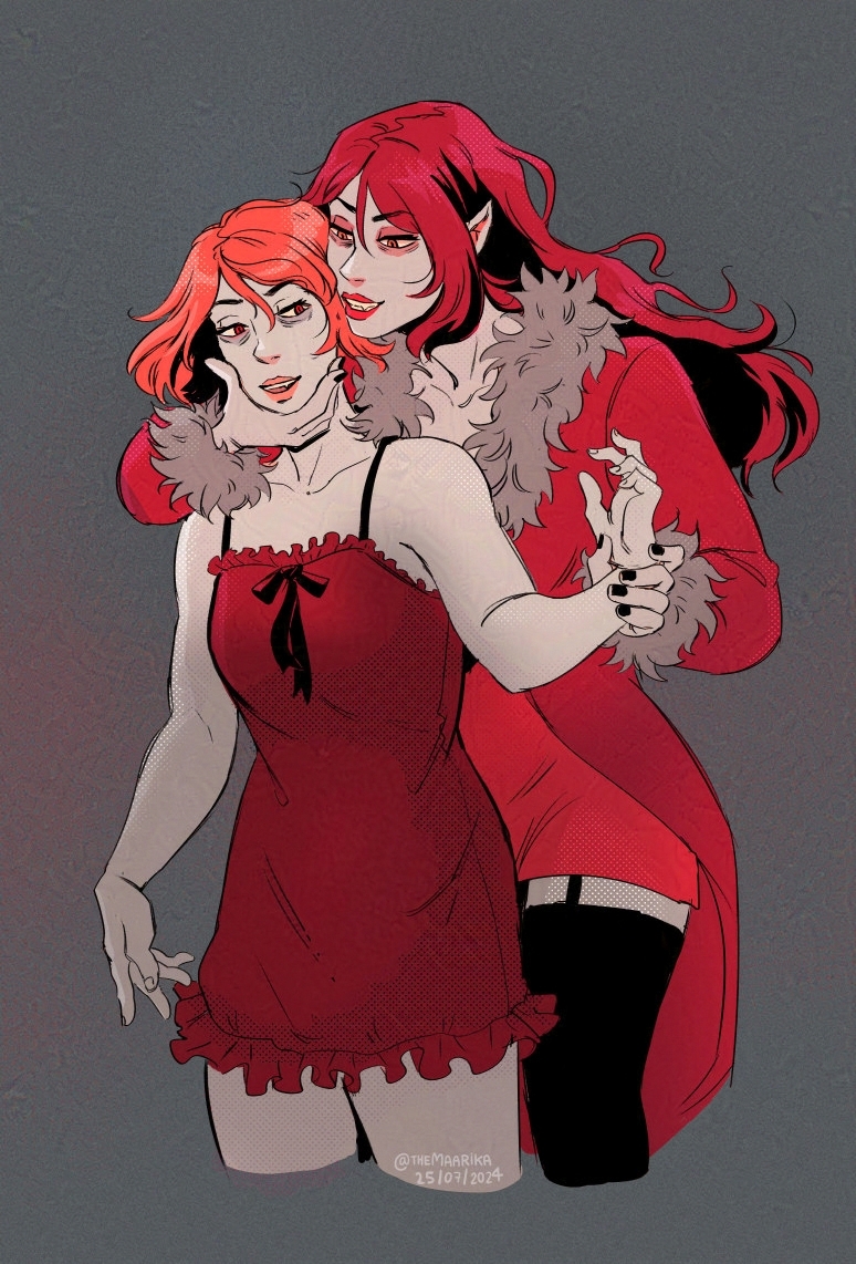 Drawing of two vampires with red monochrome coloring on a gray background. Both of them are women. The taller one has long hair and a robe with a fuzzy collar and she is standing behind the other vampire who has shorter hair and is wearing a sleeveless short dress. 