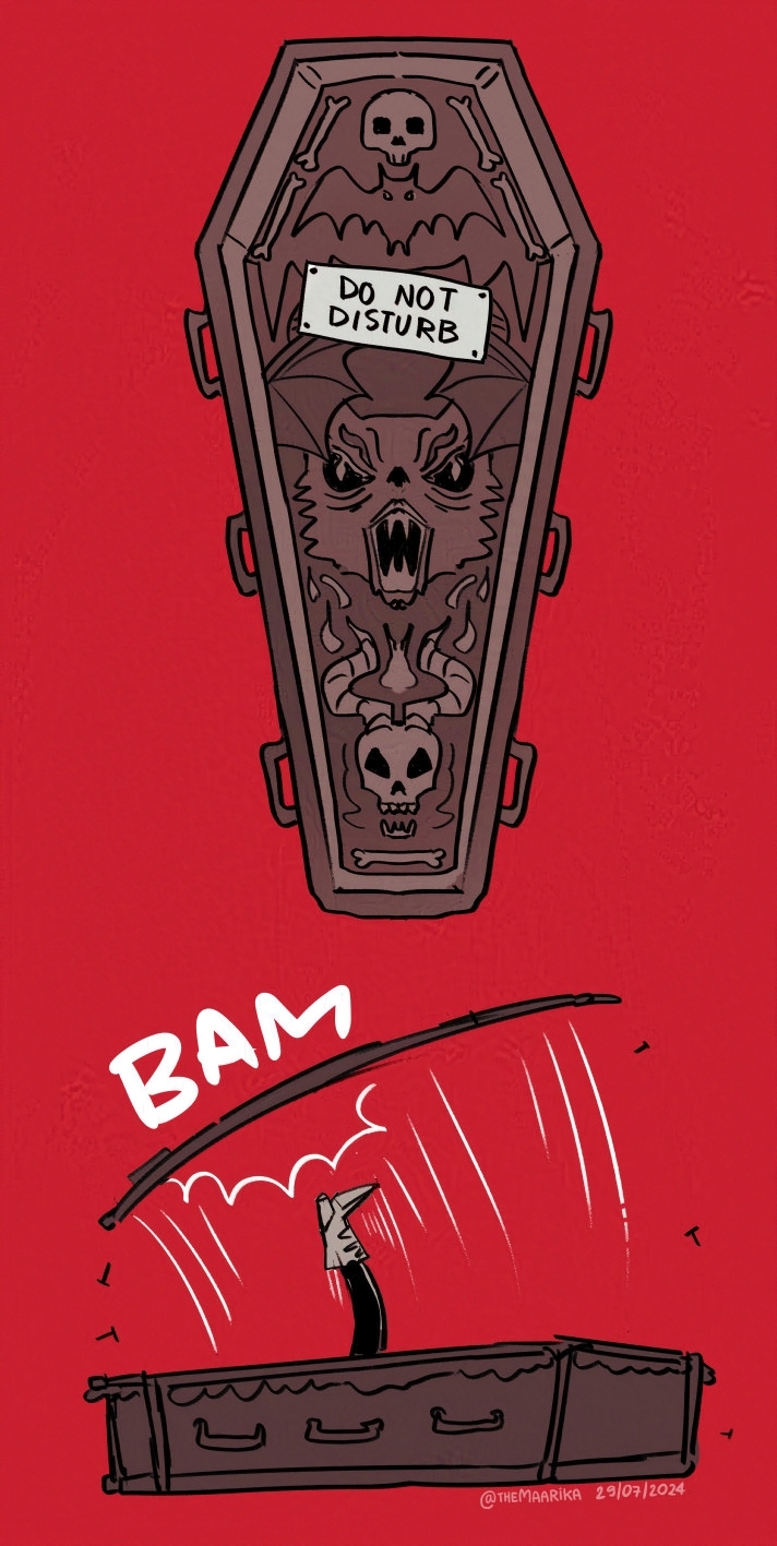 Drawing of a coffin on a red background with a sign on the coffin lid that reads "Do not disturb". The bottom part of the drawing is the same coffin but from a side view. A leg is kicking the lid off the coffin. Sound effect reads "Bam".
