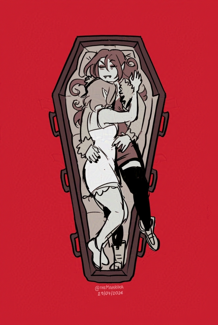 Drawing of a coffin without the lid on from top down perspective. Inside, there are two vampires cuddling.