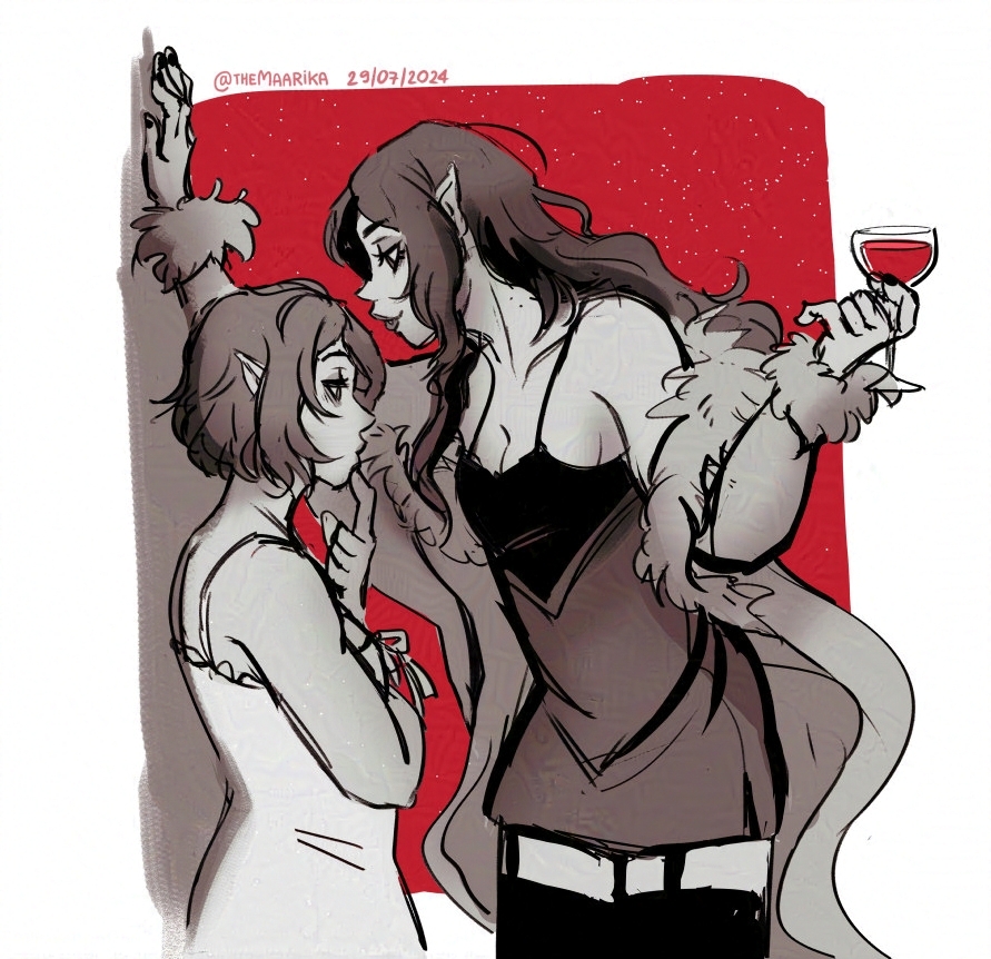 A sketch of two vampires. One of them has long hair and is wearing a robe that is falling off her shoulders. She's leaning against a wall and holding a wine glass filled with red liquid in her other hand. The other vampire has short hair and is wearing a short sleeveless dress. She is standing between the wall and the other vampire and staring at her chest.