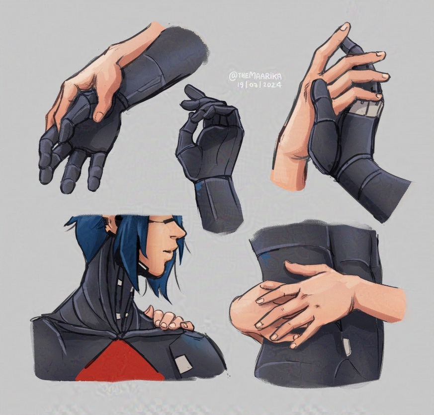 SIGNALIS fanart of Elster and Ariane's hands in various poses.