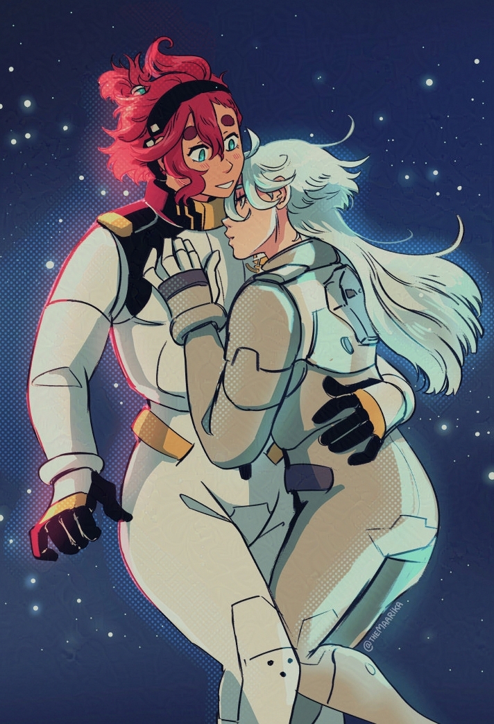 Fanart of the anime Gundam Witch from Mercury depicting Suletta and Miorine on a dark blue starry background. Suletta is wearing her pilot suit and Miorine is wearing a gray Asticassia pilot suit. Miorine is clinging onto Suletta and Suletta's left hand is on Miorine's back, pulling her closer. They're both smiling.