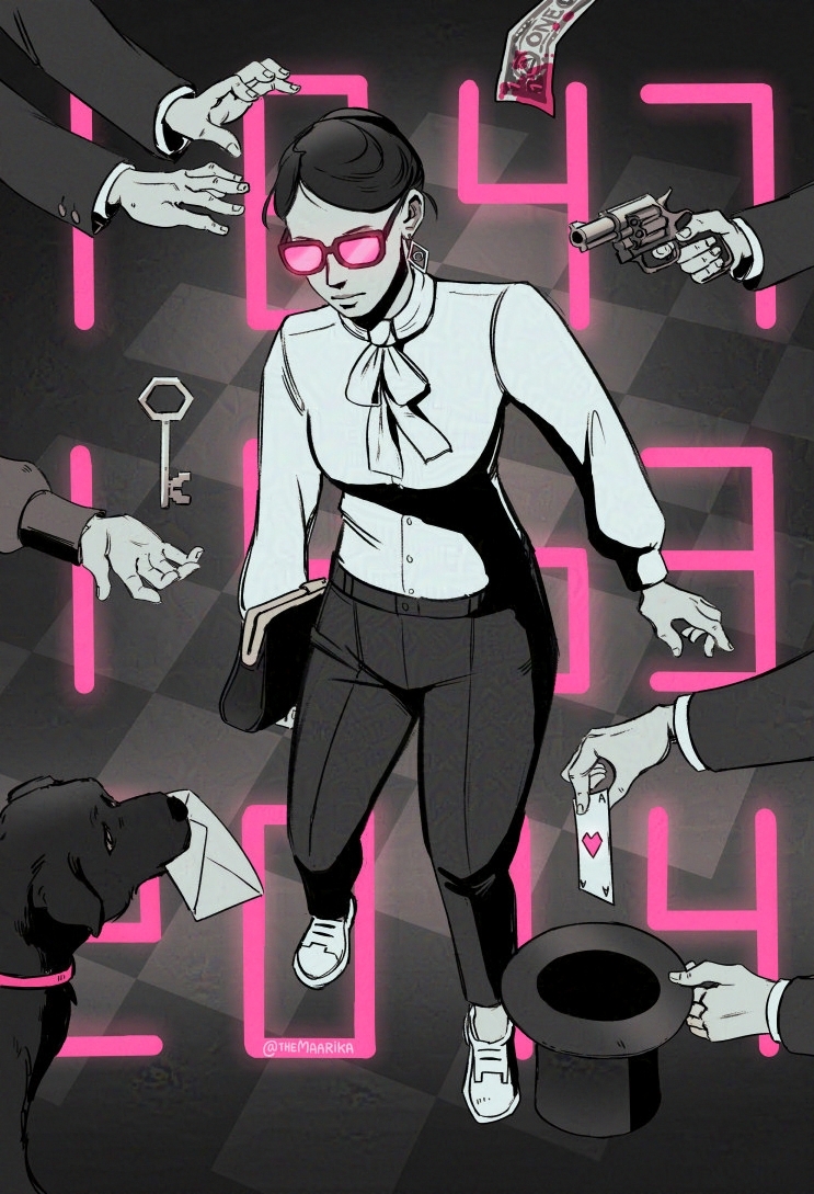 A mostly monochromatic fanart of Lorelei and the Laser Eyes depicting the protagonist who is a woman wearing a long white shirt, dark pants and sunglasses that glow with pink light. Her hair is tied up in a bun and she is holding a purse. There are several arms and hands extending towards her, including one hand offering a key, one pointing a gun at her back, one holding a top hat and a card, a pair of hands reaching towards her. There is a one dollar bill stained in dark pink paint on the top edge of the drawing. In the bottom left corner there is a black dog with a pink collar holding an envelope in his mouth. There are large pink numbers in the background obscured by everything else.