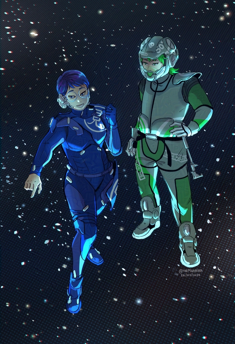 Fanart of 1000xRESIST. Watcher and Fixer are standing on the sky light that is projecting a nighttime sky filled with stars. Watcher is pointing at a star and Fixer is standing next to her.