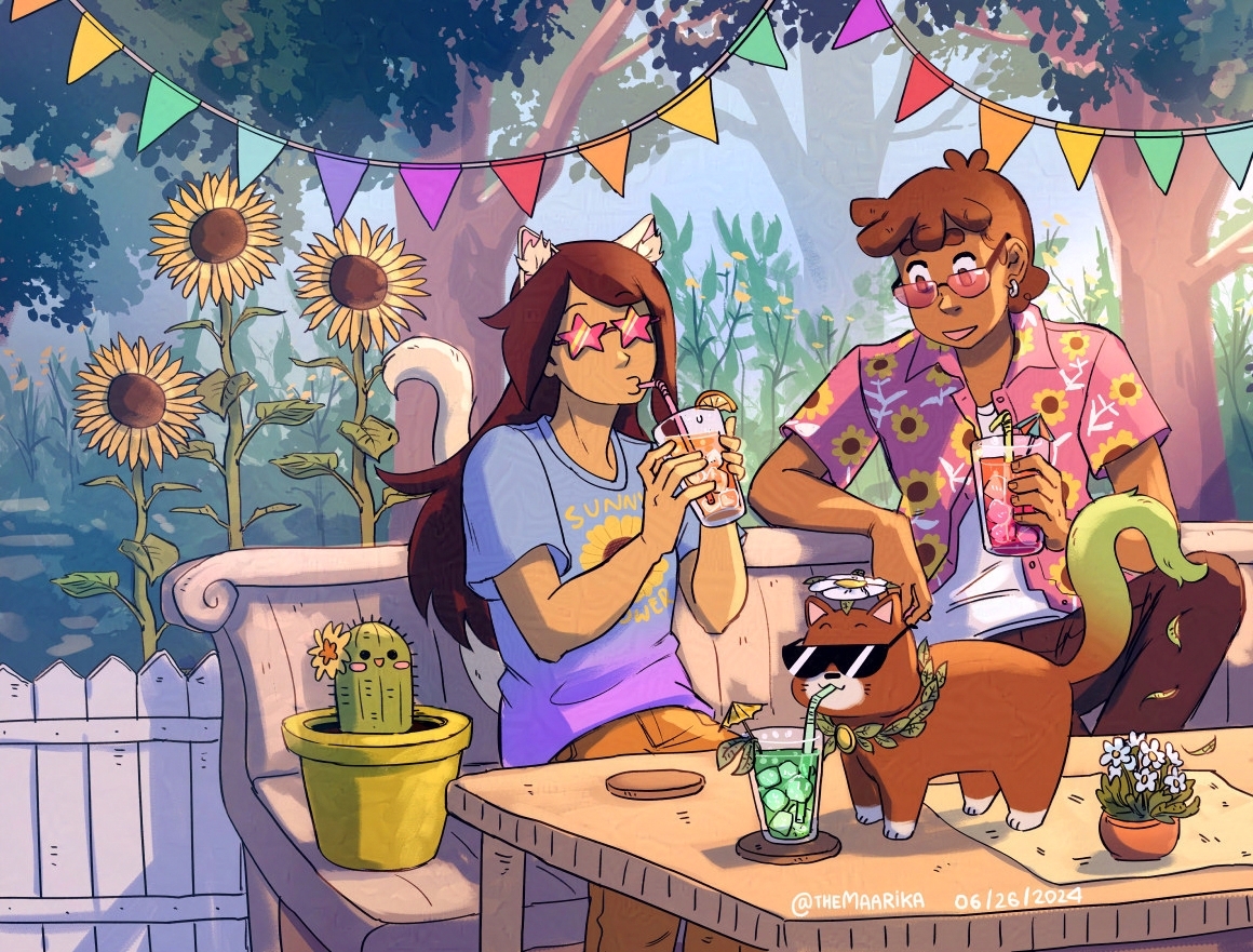 Sunny and Rainy drinking fancy drinks on a lovely summer day. God of Tea has joined them too.