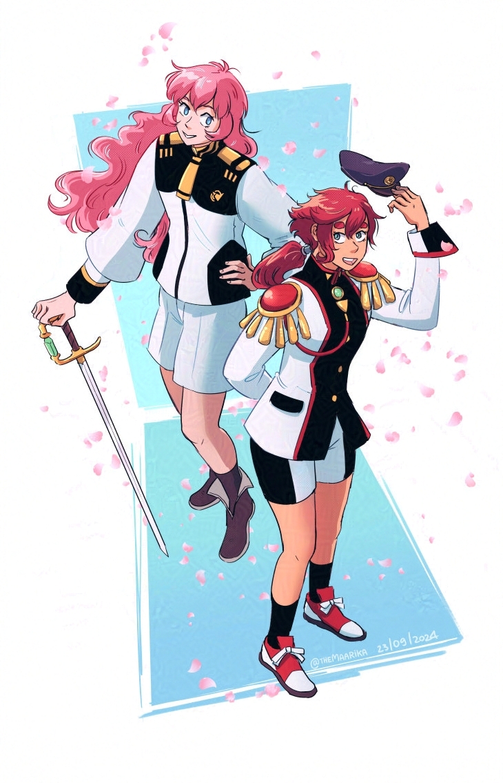 Fanart of Utena from the Utena movie and Suletta from Gundam Witch wearing each other's clothes. Utena still has her sword.
