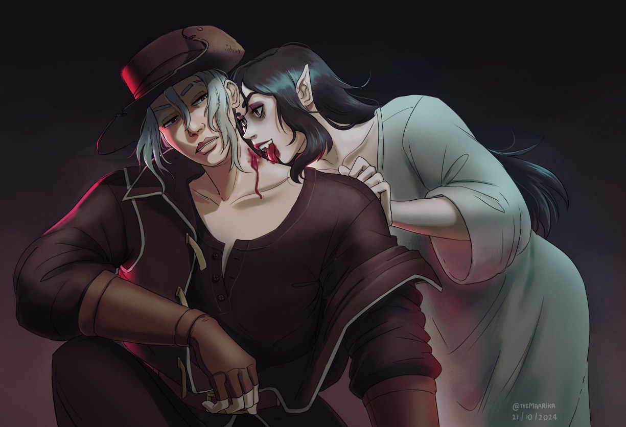 A digital illustration of a vampire hunter and a vampire.